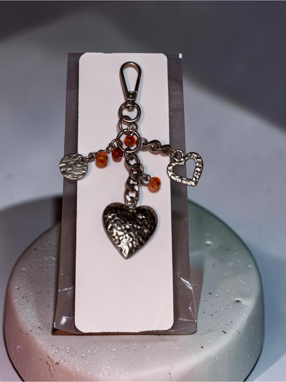 Steve Madden Gold Heart Bag Charm Keychain Orange Beads Rhinestone Accent